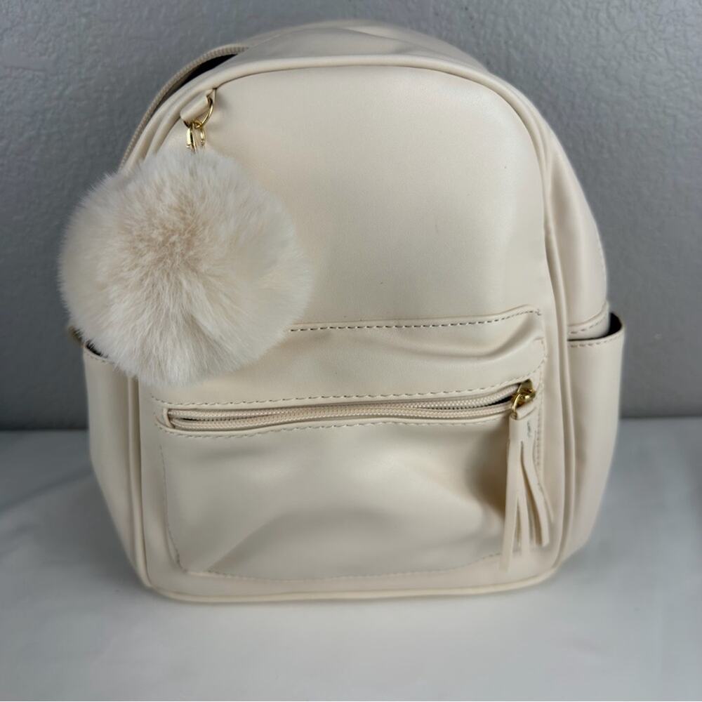 NWT Beige Mini Backpack Purse for Girls Teens Women Purses PU Leather Pom Charm - Picture 6 of 12